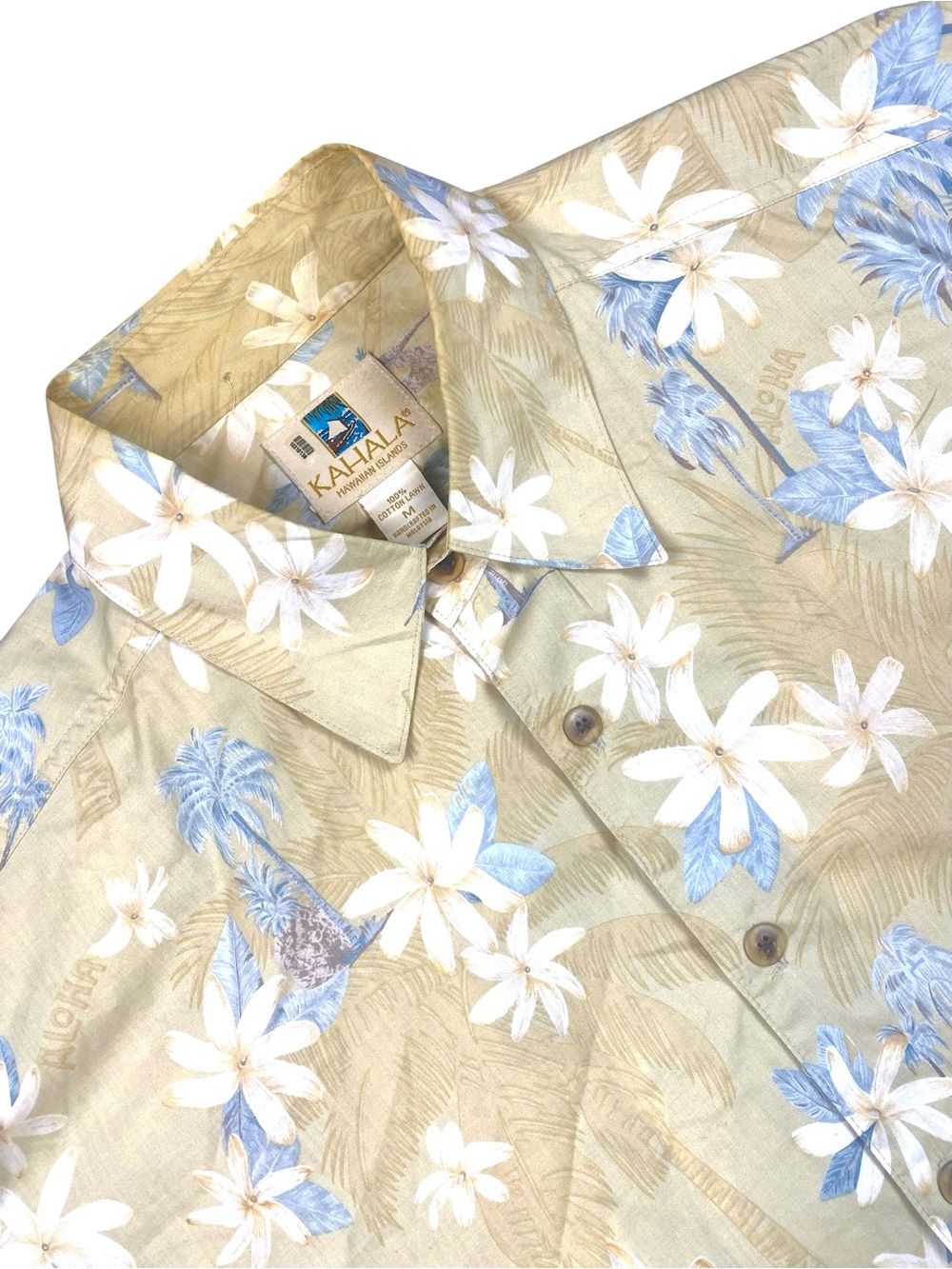 Vintage Kahala Hawaiian Shirt Men's M 100% Cotton Lawn Tan Blue Floral